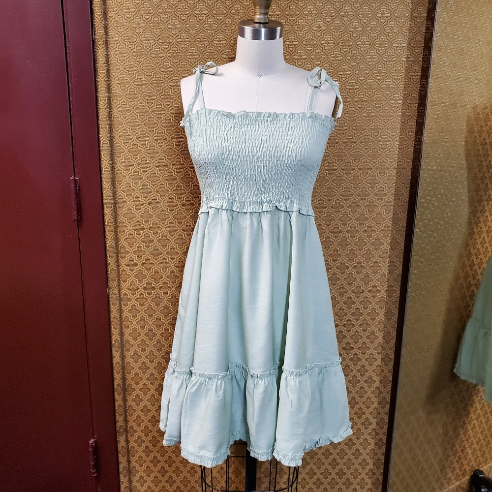 Shirred Tie Strap Light Green Dress